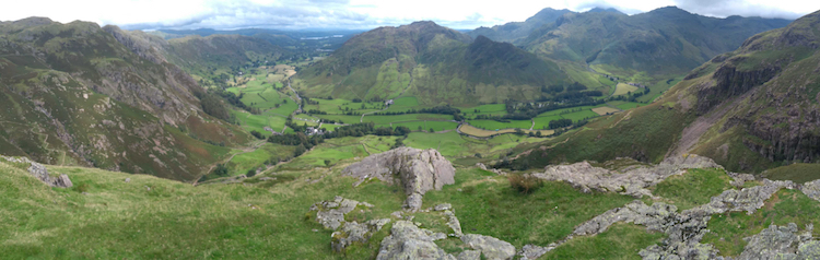 The beautiful Langdale Valley, viewed from the top of Pavey Ark.